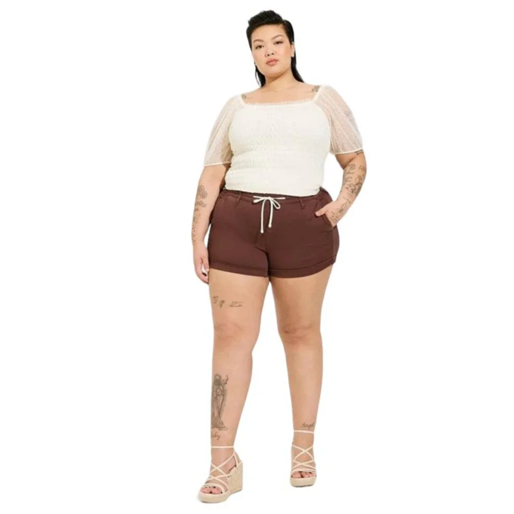 Torrid Womans Sz 4X Plus Blouse Smocked Dot Mesh Square Neck Crop Top Ivory NWT